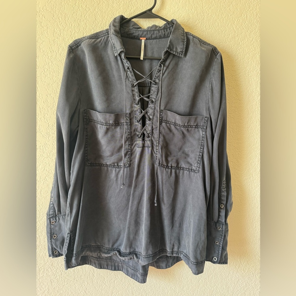 Free People Lace Up Boho Tunic Blouse Gray Long Sleeve